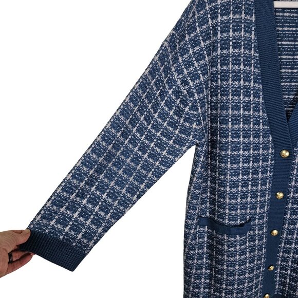 Talbots Merino Wool Cardigan Jacket 2X Blue Plaid Gold Button Mature Office - Picture 3 of 8